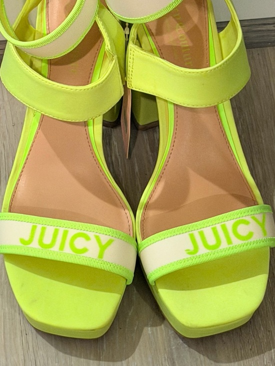 Juicy Couture Shoes - Juicy Couture Neon Lime and Cream Logo Block Heel Sandals
